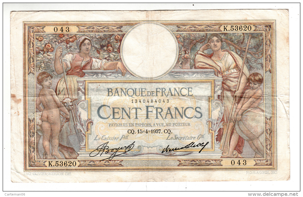 Billet - 100 Francs Merson - CQ.15.4.1937 - K.53620 - 100 F 1908-1939 ''Luc Olivier Merson''