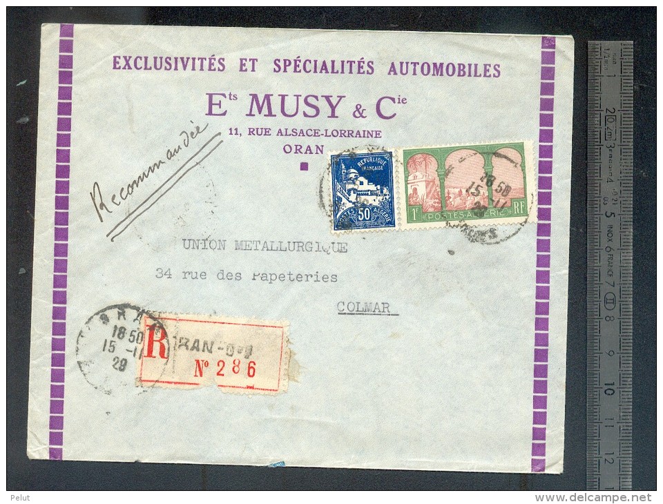Enveloppe Recommandée Algérie 1929 Spécialités Automobiles à ORAN - Briefe U. Dokumente