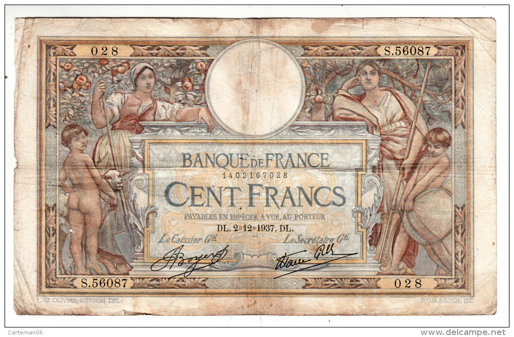 Billet - 100 Francs Merson - DL.2.12.1937 - S.56087 - 100 F 1908-1939 ''Luc Olivier Merson''