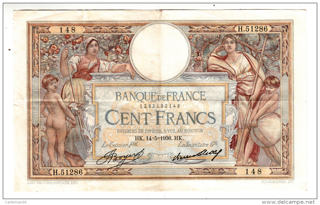 Billet - 100 Francs Merson -  HK.14.5.1936 - H.51286 - 100 F 1908-1939 ''Luc Olivier Merson''