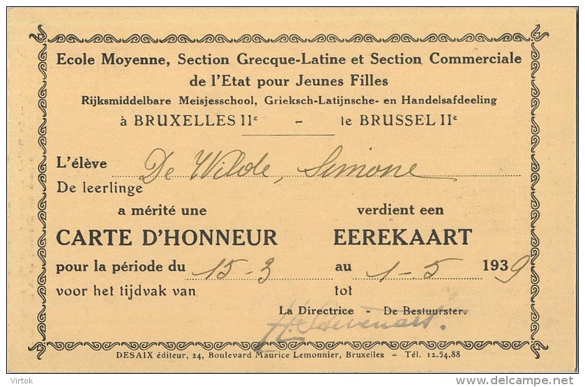 Aalst :  ( 2 Scans )   Carte D'honneur Ecole Moyenne Bruxelles - Aalst