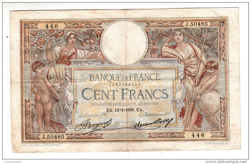 Billet - 100 Francs Merson -  EA.13.2.1936 - J.50485 - 100 F 1908-1939 ''Luc Olivier Merson''