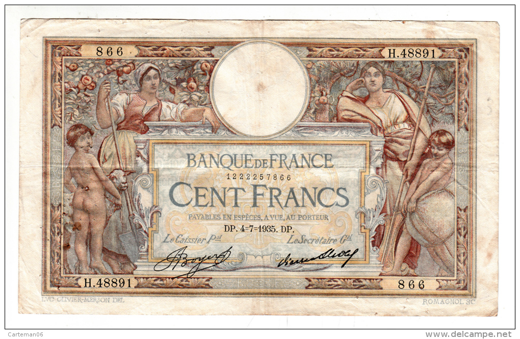 Billet - 100 Francs Merson -  DP.4.7.1935 - H.48891 - 100 F 1908-1939 ''Luc Olivier Merson''