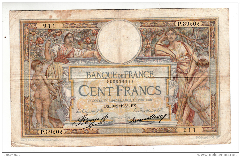 Billet - 100 Francs Merson -  BX.9.2.1933 - P.39202 - 100 F 1908-1939 ''Luc Olivier Merson''