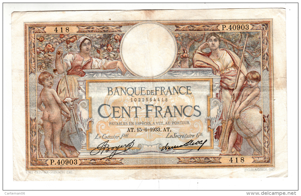 Billet - 100 Francs Merson -  AT.15.6.1933 - P.40903 - 100 F 1908-1939 ''Luc Olivier Merson''