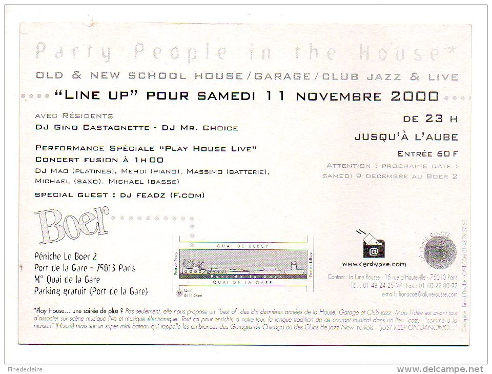 Carte Publicitaire - Play House & Live - Musique - Péniche Le Boer 2  Paris - Musique Et Musiciens