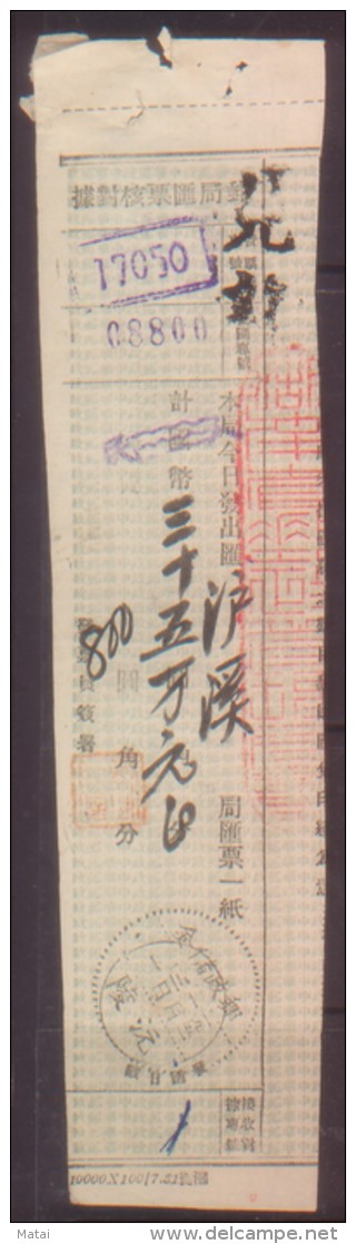 CHINA CHINE  1951.1.3 HUNAN YUANLING POSTAL SAVINGS TO HUNAN LUXI POSTAL ORDER CHECK RECEIPTS - Neufs