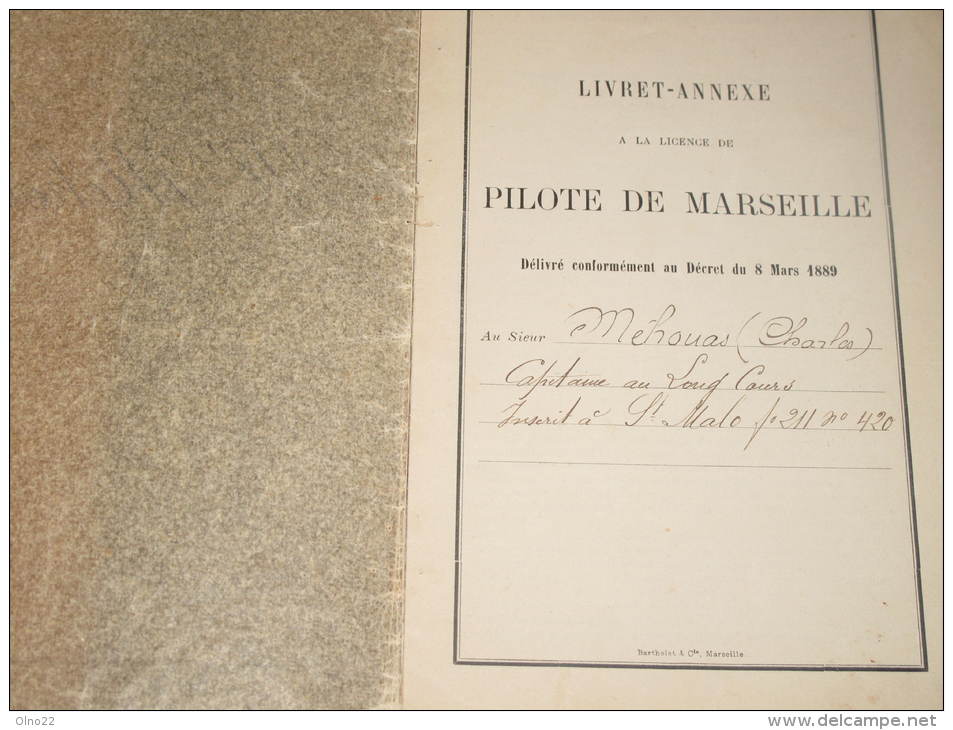 MARSEILLE-LIVRET PILOTE - Charles MEHOUAS-capitaine  - 1897 - VAPEUR MEMPHIS - Other & Unclassified