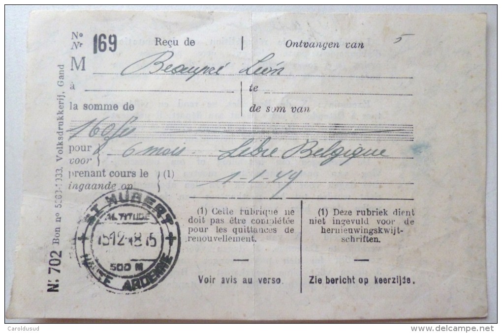 Rare Recu 160 Francs De Beaupré Leon Abonnement 6 Mois Au Journal La Libre Belgique Janvier 1949 Cachet St Hubert 500 M - Druck & Papierwaren