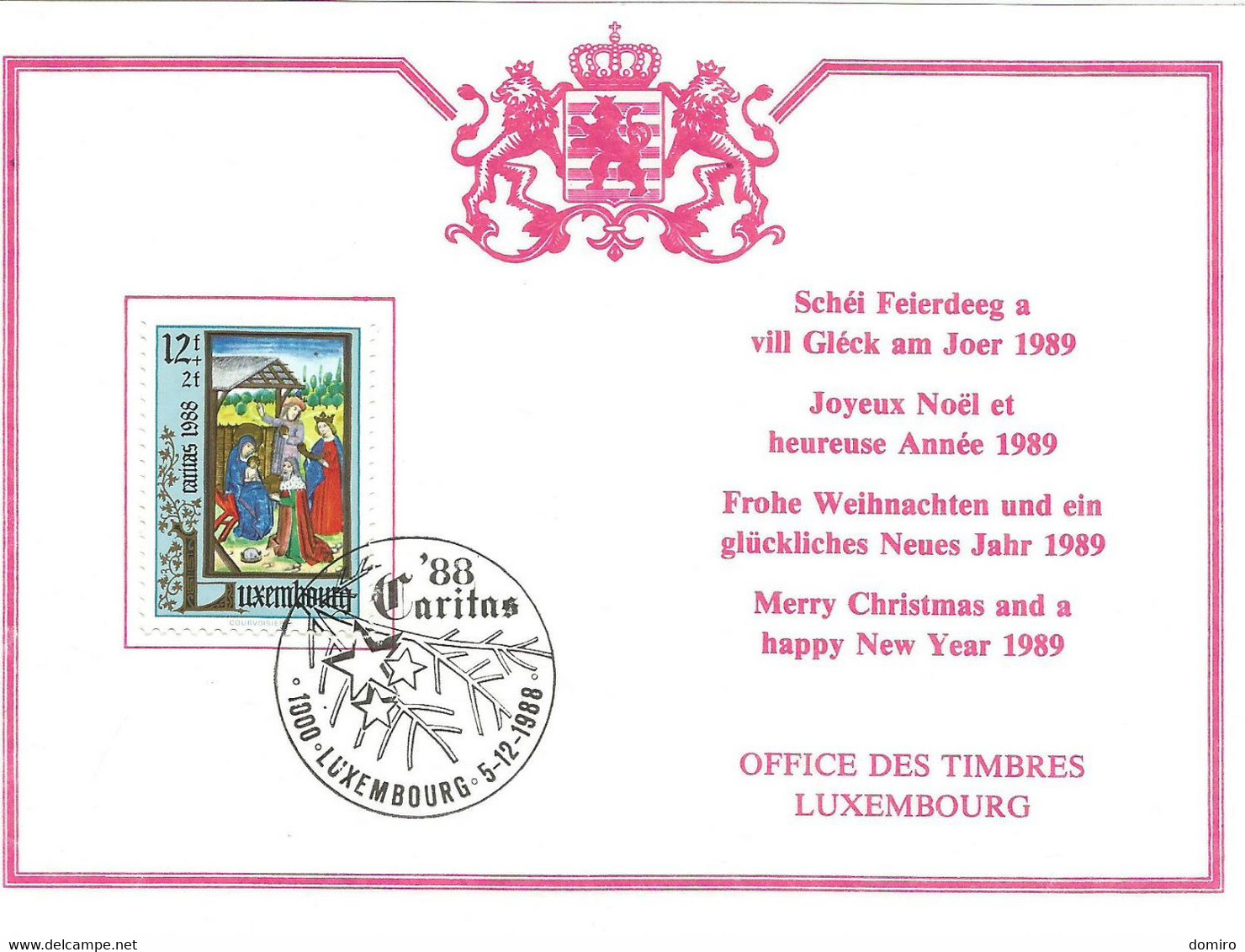 Lux :  Carte Office Des Timbres "CARITAS' 88" - Commemoration Cards