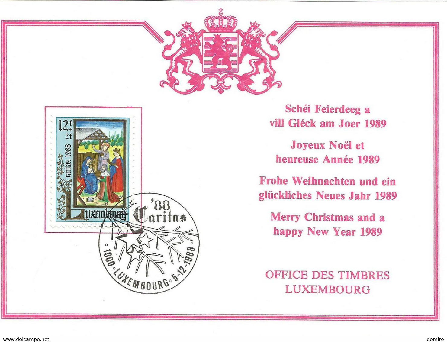 Lux :  Carte Office Des Timbres "CARITAS' 88" - Cartes Commémoratives