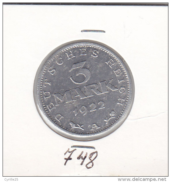 3 MARK Alu DEUTCHES REICH 1922 A - 3 Mark & 3 Reichsmark