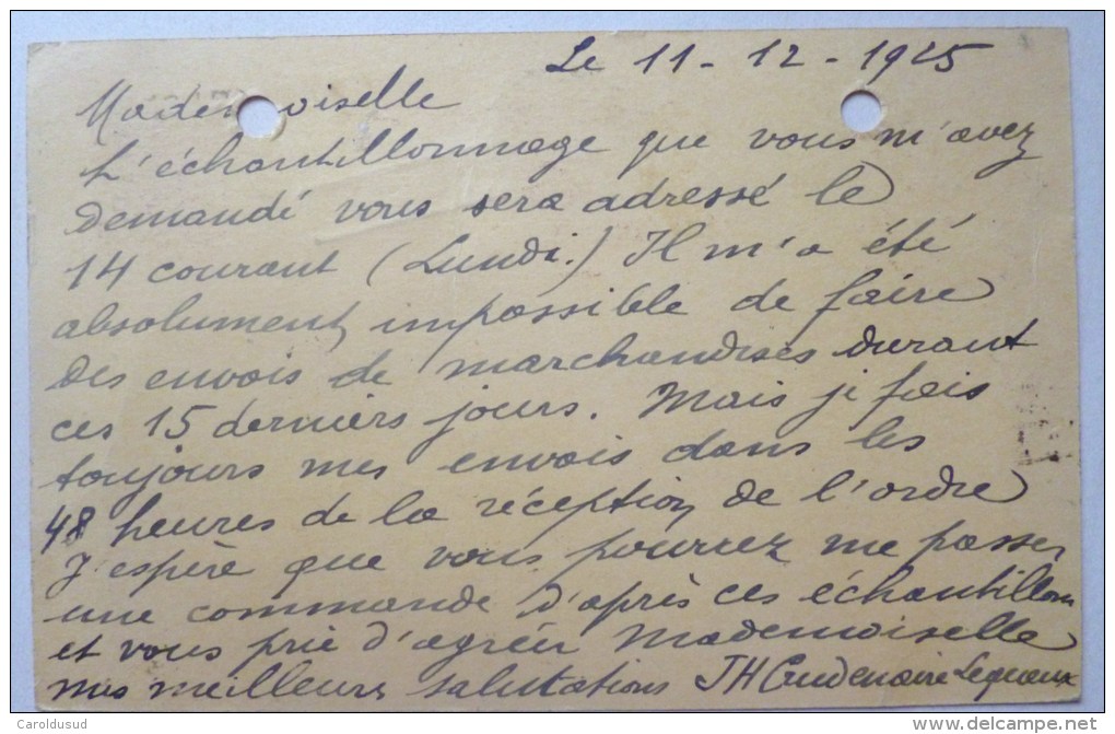 Cp Confirmation BON De Demande Echantillon Tissus 1925 De CRUDENAIRE LEQUEUX A FORGES LES CHIMAY Cachet Flamme Charleroi - Straßenhandel Und Kleingewerbe