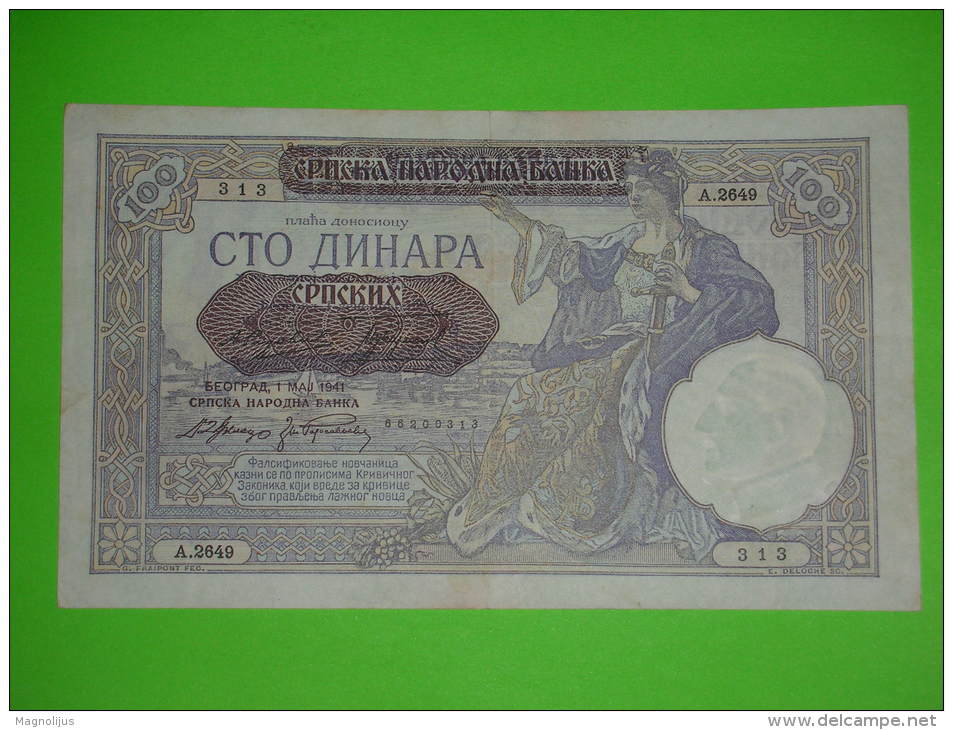 Yugoslavia Kingdom,Serbia,German Occupation WWII,100 Dinar 1941.,overprinted,banknote,paper Money,bill,vintage - Serbien