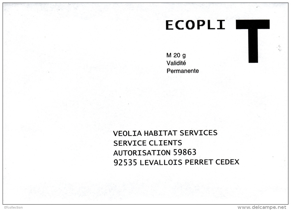 VEOLIA HABITAT SERVICES - 92 LEVALLOIS PERRET - ENVELOPPE REPONSE T - LETTRE ECOPLI - M 20 G VALIDITE PERMANENTE - Cartes/Enveloppes Réponse T