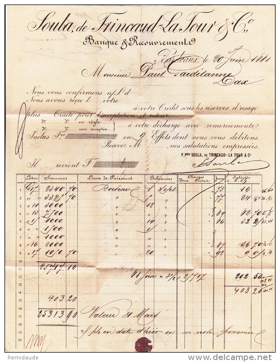 1881 - SAGE PERFIN / PERFORE S.T.L (BANQUE SOULA, De TRINCAUD-LA TOUR) Sur ENVELOPPE De BORDEAUX - Brieven En Documenten