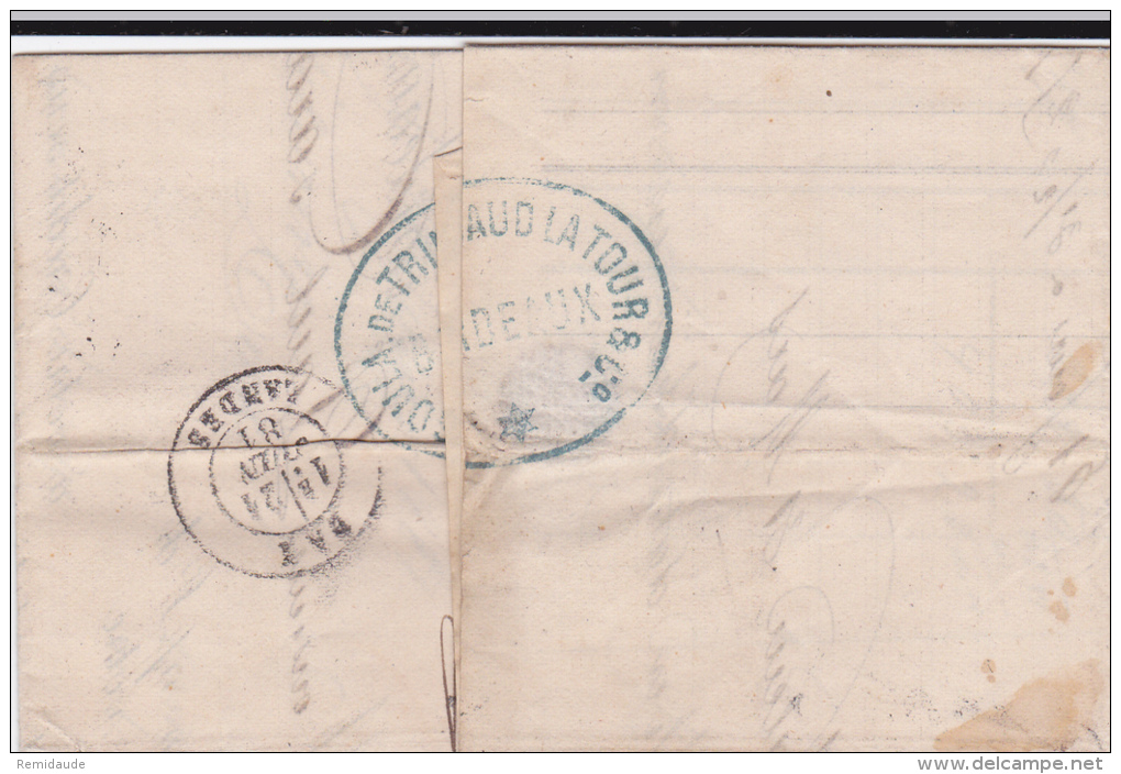 1881 - SAGE PERFIN / PERFORE S.T.L (BANQUE SOULA, De TRINCAUD-LA TOUR) Sur ENVELOPPE De BORDEAUX - Briefe U. Dokumente