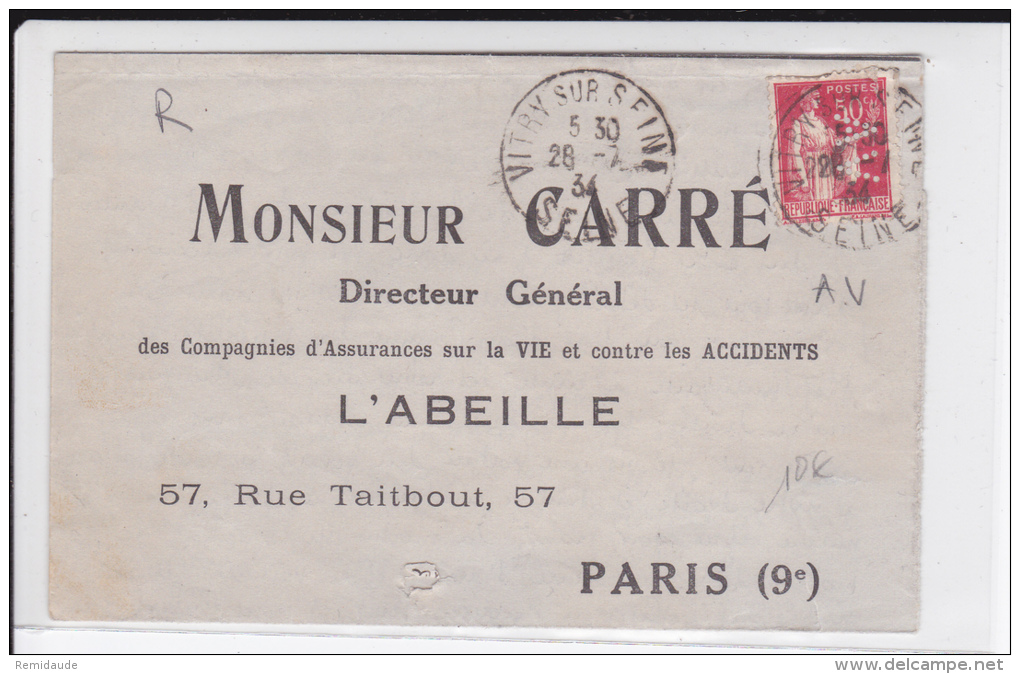 1934 - PAIX PERFORE A.V (ASSURANCES L'ABEILLE) Sur FORMULAIRE D'ACCIDENT De VITRY Pour PARIS - Andere & Zonder Classificatie