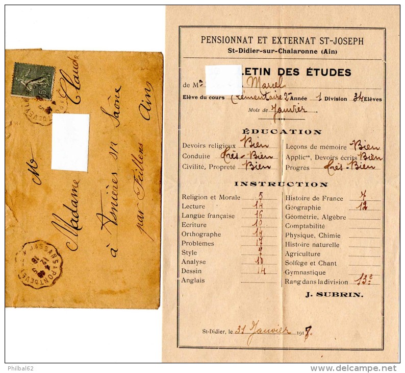 Pensionnat Et Ext. ST.Joseph à St.Didier-sur-Chalaronne. 1918 Règlement Et Bulletin Des études + 3 Billets Hebdomadaires - Diplômes & Bulletins Scolaires