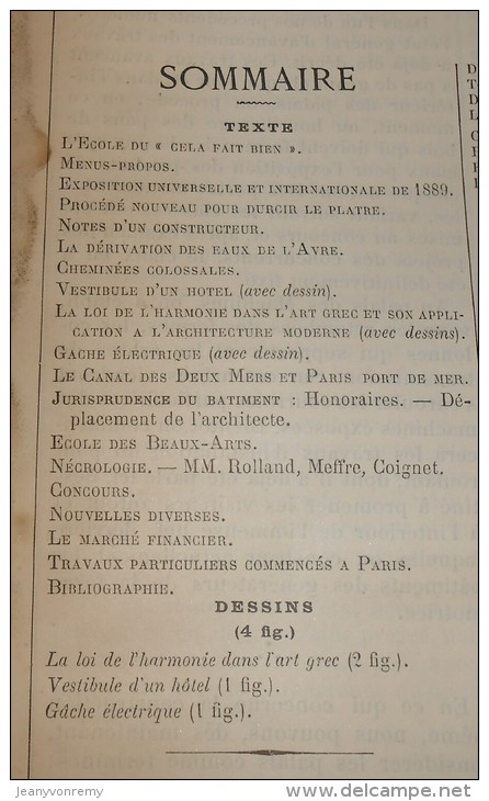 La Semaine Des Constructeurs. N°21. 17 Novembre1888. Vestibule D´un Hôtel Avenue Henri-Martin à Paris. - Revues Anciennes - Avant 1900