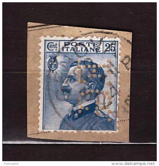 PERFIN  FG Su Frammento :Effige V.E. III Cent.25  Azzurro, 1908, Usato - Perforadas