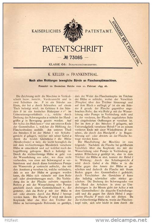 Original Patentschrift - K. Keller In Frankenthal , 1893 , Apparat Für Flaschen - Spülmaschine ,  !!! - Maschinen