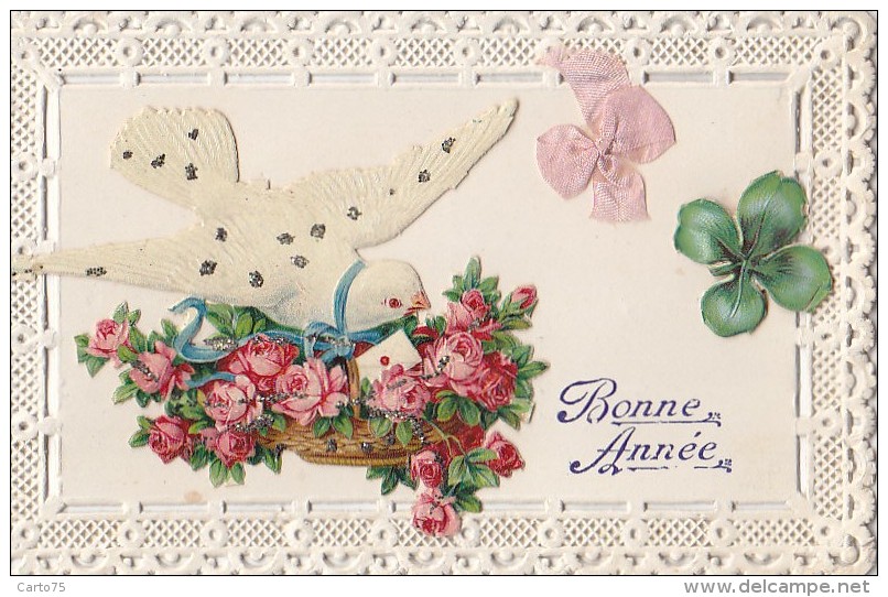 Fantaisies - Carte Papier Dentelle Découpi Colombe Panier De Roses - Autres & Non Classés