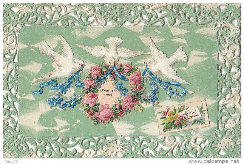 Fantaisies - Carte Papier Dentelle Découpi Colombes Et Roses - Autres & Non Classés