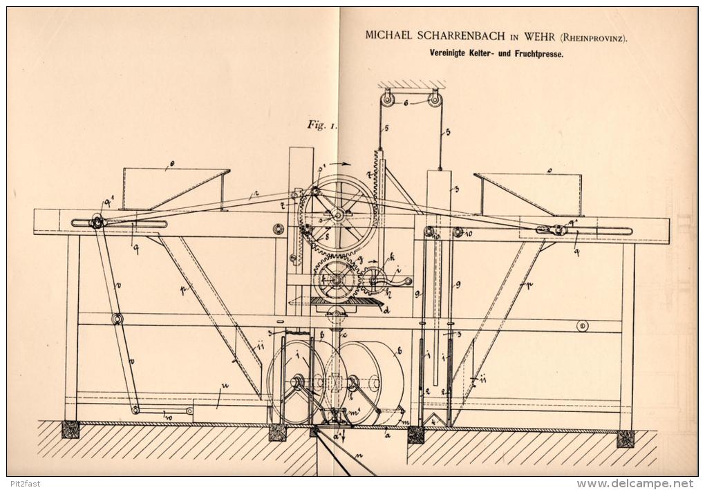 Original Patentschrift - M. Scharrenbach In Wehr B. Ahrweiler , 1893, Kelter Und Fruchtpresse , Presse , Wein , Brauerei - Maschinen