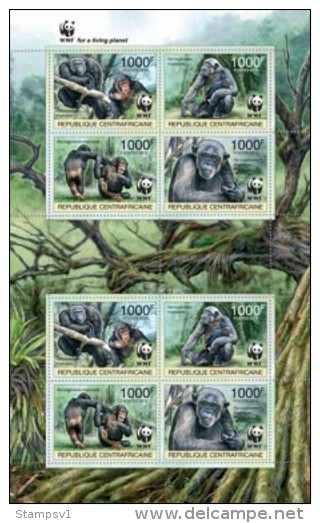 Central African Republic. 2012 Chimpanzee. (201f) Sheet Of 2 Sets. - Chimpanzés