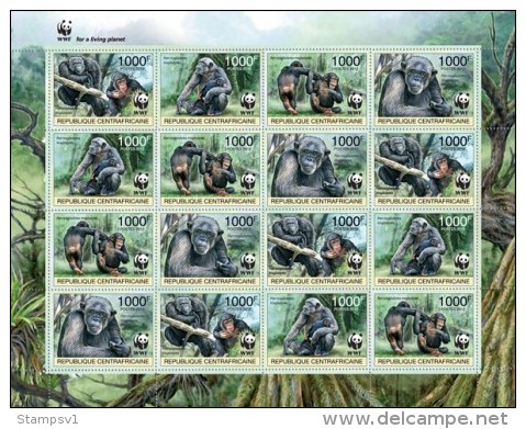 Central African Republic. 2012 Chimpanzee. (201f) Sheet Of 4 Sets. - Chimpancés