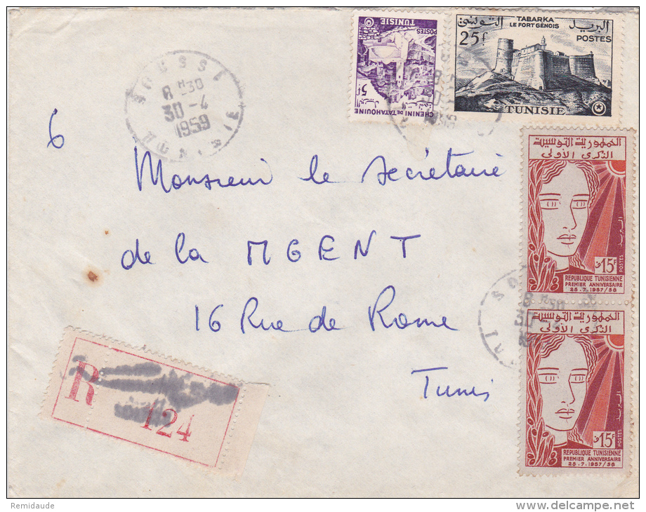 TUNISIE - 1959 - ENVELOPPE RECOMMANDEE De SOUSSE Pour TUNIS - Tunisia (1956-...)