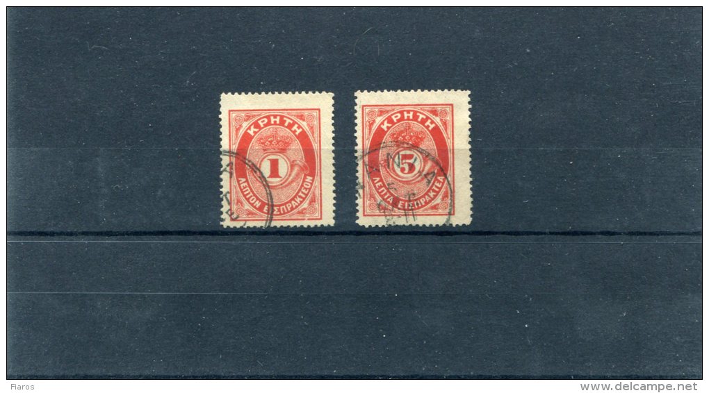 1901-Greece/ Crete- "Postage Due Stamps" Issue- 1+5l. Stamps Used, Both W/ "CHANIA" Type III Postmark - Used Stamps