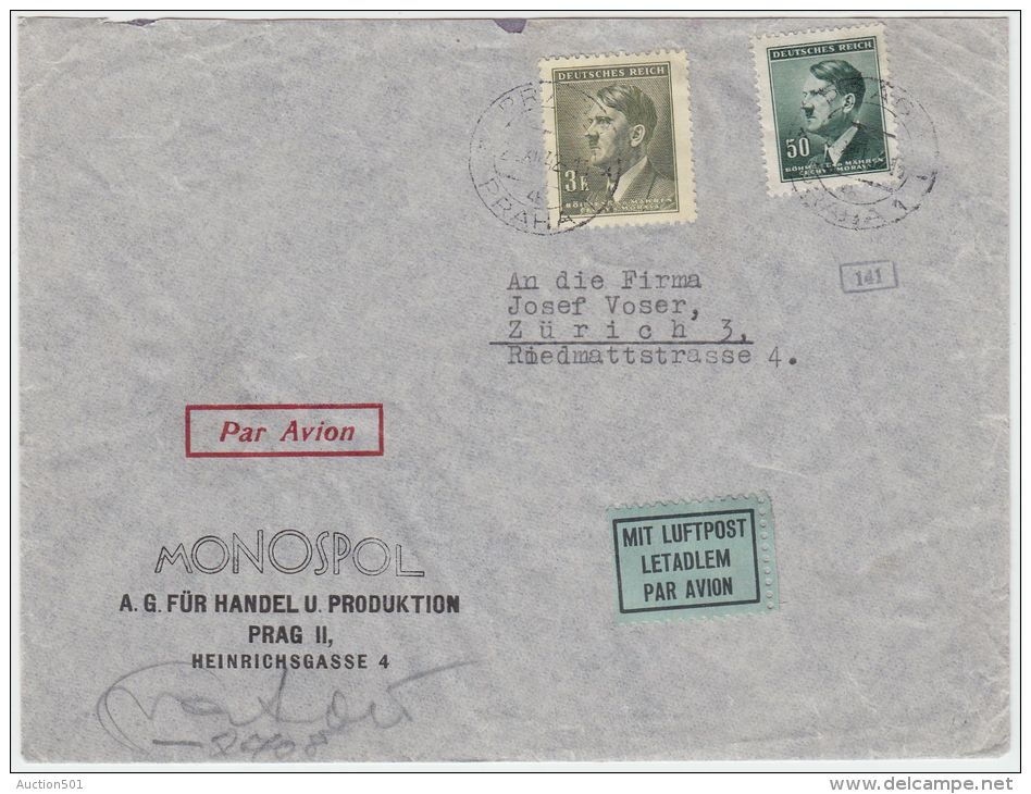 00985 Germany Deutsches Reich Prag 1942 Censored Airmail To Zürich - Lettres & Documents