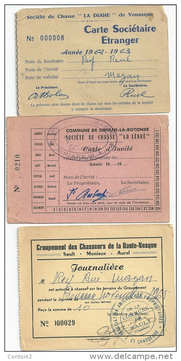 CARTE DE CHASSE CHASSEURS VENASQUE SIMIANE SAULT MONNIEUX AUREL VAUCLUSE BOUCHES DU RHONE LOT - Collections