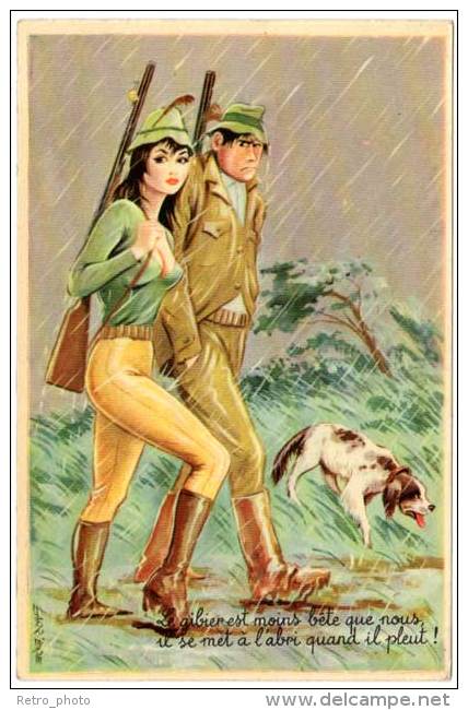 Cpsm Signée Carrière (Ereirrac), Le Gibier Est Moins Bête Que Nous ... (pluie, Chasse, Chasseur, Pin-up, Fusil) - Carrière, Louis