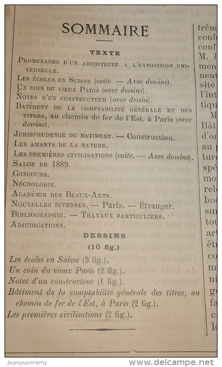 La Semaine Des Constructeurs. N°38.  16 Mars1889 . Bâtiment Annexe Du Chemin De Fer De L'Est. - Revues Anciennes - Avant 1900