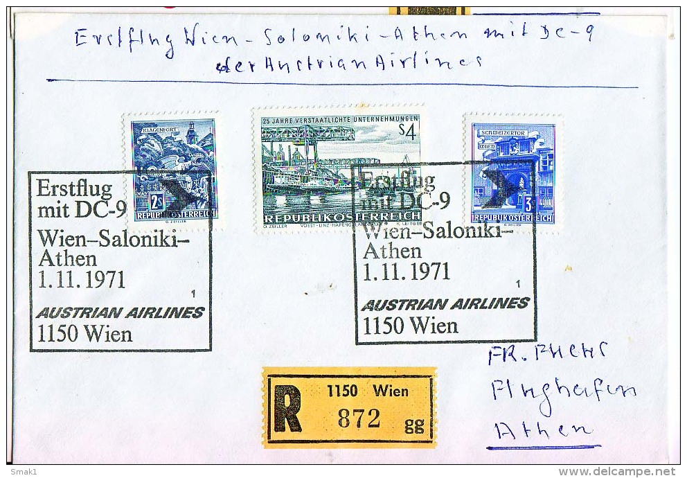 BRIEFMARKEN ERSTTAG Flugzeuge, ERSTFLUG DOUGLAS DC-9  WIEN- SALONIKI-ATHEN DER AUSTRIAN AIRLINES   1.11.1971. RETURN - Autres & Non Classés