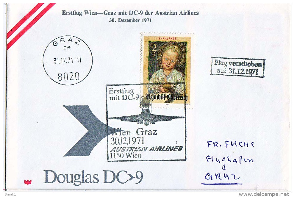 BRIEFMARKEN ERSTTAG Flugzeuge, ERSTFLUG DOUGLAS DC-9 WIEN-GRAZ AUSTRIAN AIRLINES  1971 RETURN - Sonstige & Ohne Zuordnung