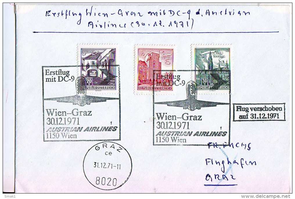 BRIEFMARKEN ERSTTAG Flugzeuge, ERSTFLUG DOUGLAS DC-9 WIEN-GRAZ AUSTRIAN AIRLINES  1971 RETURN - Other & Unclassified