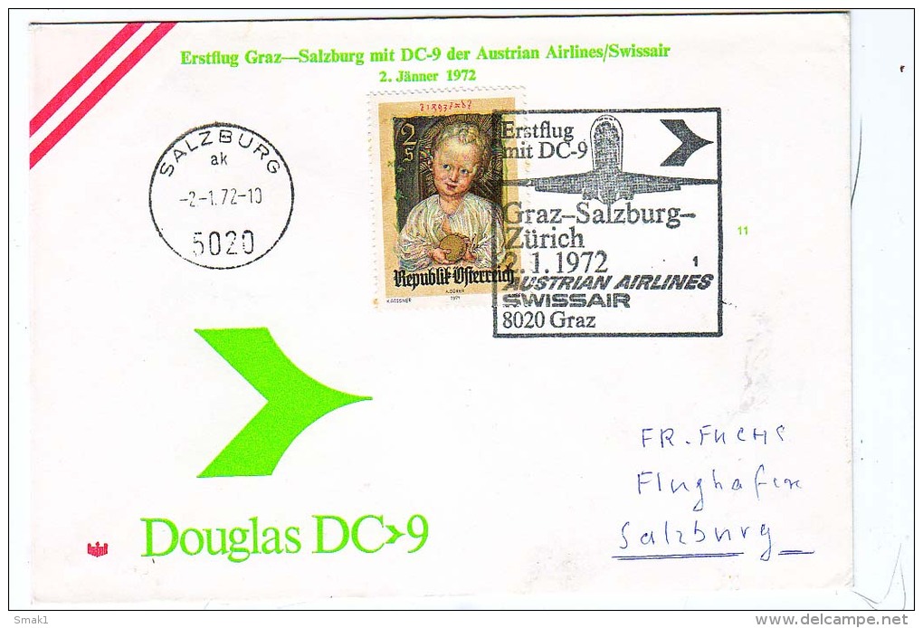 BRIEFMARKEN ERSTTAG Flugzeuge, ERSTFLUG DOUGLAS DC-9 GRAZ-SALZBURG AUSTRIAN AIRLINES/SWISSAIR  1972 RETURN - Autres & Non Classés