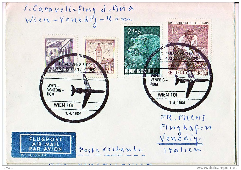 BRIEFMARKEN ERSTTAG ERSTFLUG DOUGLAS DC-9 RÜCKFLUG WIEN-VENEDIG-ROM  AUSTRIEN AIRLINES 1964 RETURN - Flugzeuge