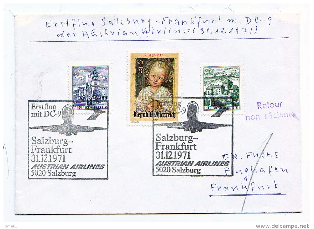 BRIEFMARKEN ERSTTAG ERSTFLUG DOUGLAS DC-9   SALZBURG-FRANKFURT AUSTRIEN AIRLINES 1971 RETURN - Flugzeuge