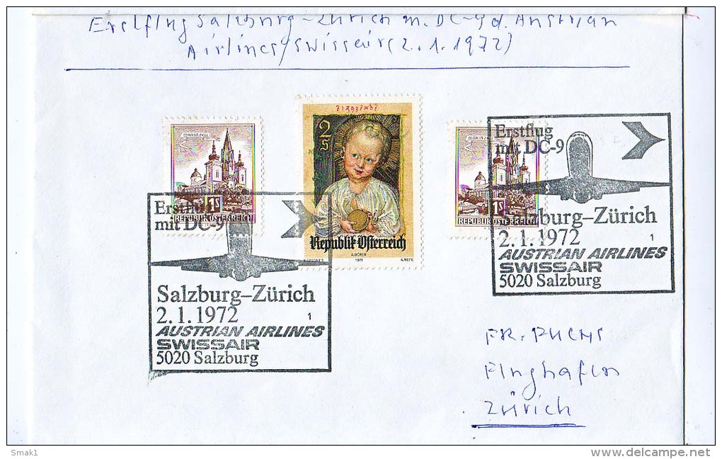 BRIEFMARKEN ERSTTAG ERSTFLUG DOUGLAS DC-9   SALZBURG-ZÜRICH AUSTRIEN AIRLINES/SWISSAIR 1972 RETURN - Flugzeuge