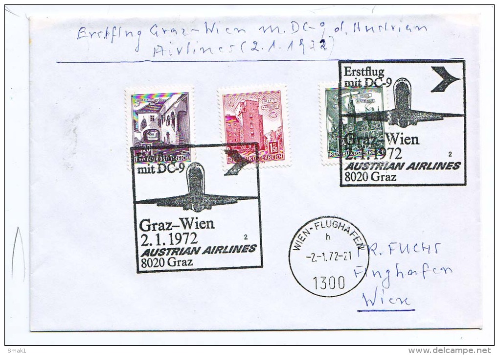 BRIEFMARKEN ERSTTAG ERSTFLUG DOUGLAS DC-9   GRAZ-WIEN AUSTRIEN AIRLINES 1972 RETURN - Flugzeuge