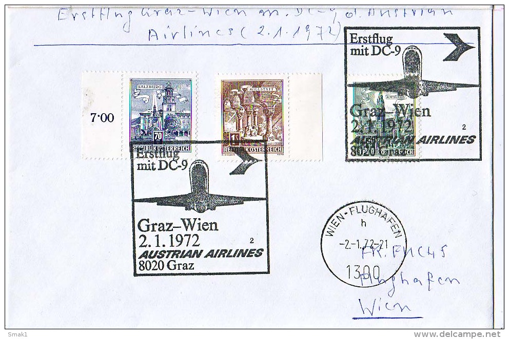 BRIEFMARKEN ERSTTAG ERSTFLUG DOUGLAS DC-9   GRAZ-WIEN AUSTRIEN AIRLINES 1972 RETURN - Flugzeuge