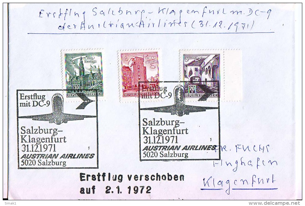 BRIEFMARKEN ERSTTAG ERSTFLUG DOUGLAS DC-9   SALZBURG-KLAGENFURT AUSTRIEN AIRLINES 1972 RETURN - Flugzeuge