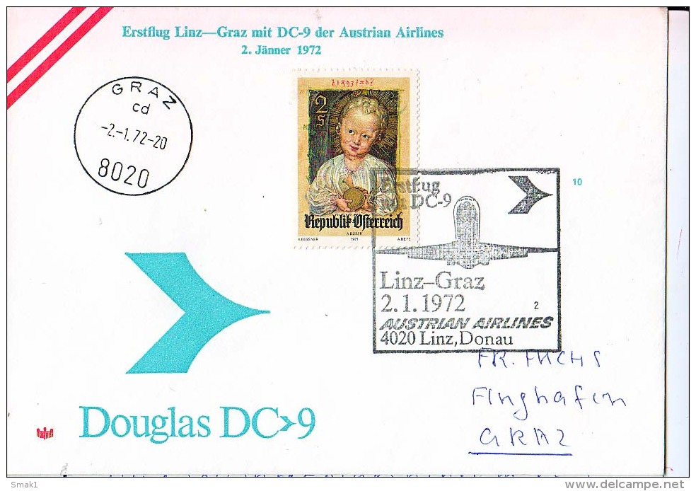 BRIEFMARKEN ERSTTAG ERSTFLUG DOUGLAS DC-9   LINZ-GRAZ AUSTRIEN AIRLINES 1972 RETURN - Airplanes