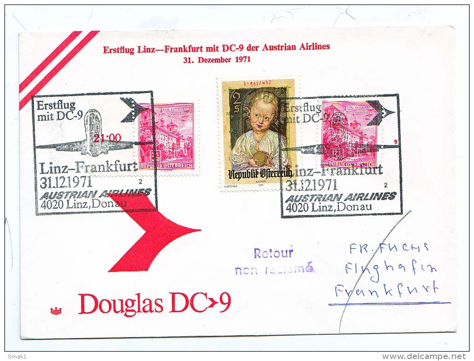 BRIEFMARKEN ERSTTAG ERSTFLUG DOUGLAS DC-9   LINZ-FRANKFURT AUSTRIEN AIRLINES 1971 RETURN - Flugzeuge