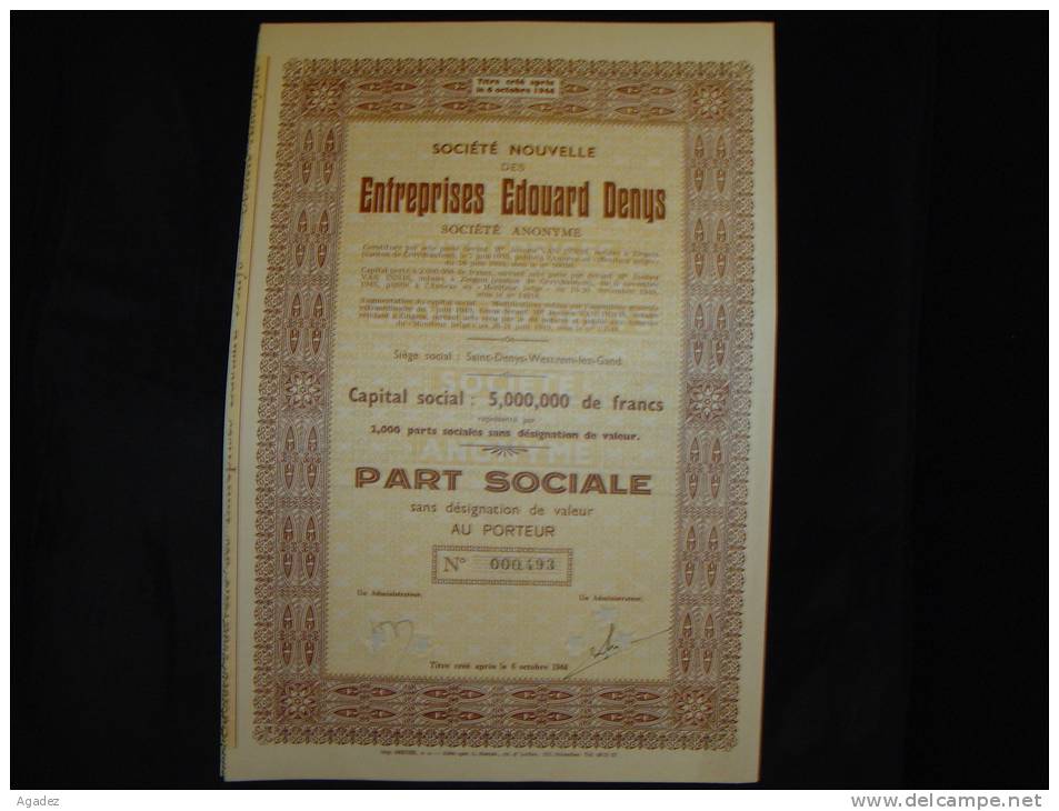 Part Sociale"Entreprises Edouard Denys"Saint Denis-Westrem-lez-Gand Excellent état,avec Tous Les Coupons - Industrie